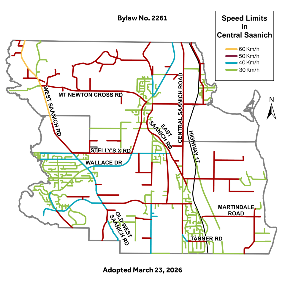 Map of Central Saanich speed limit updates per Bylaw No. 2261